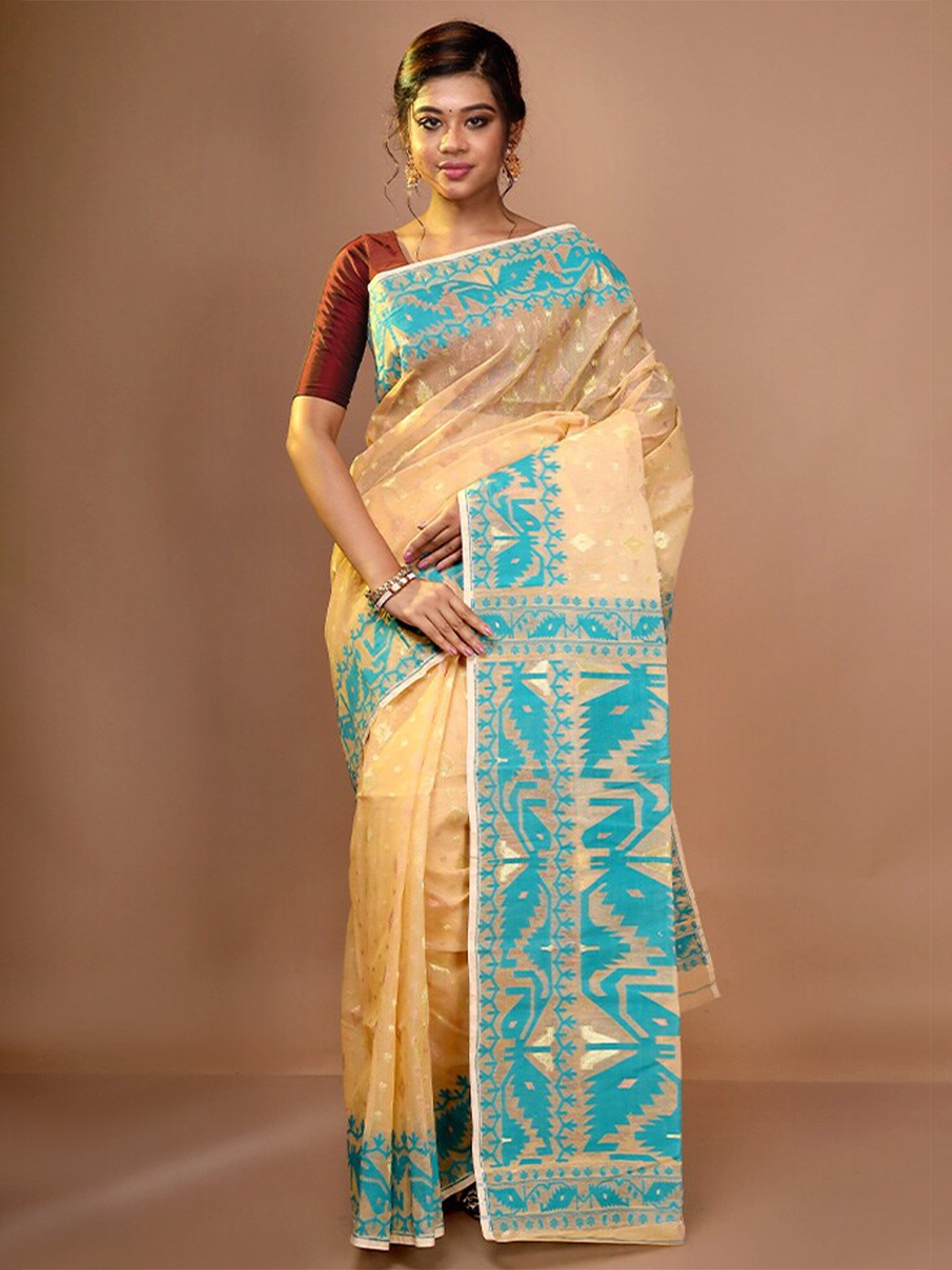 

AllSilks Ethnic Motif Woven Design Taant Saree, Cream