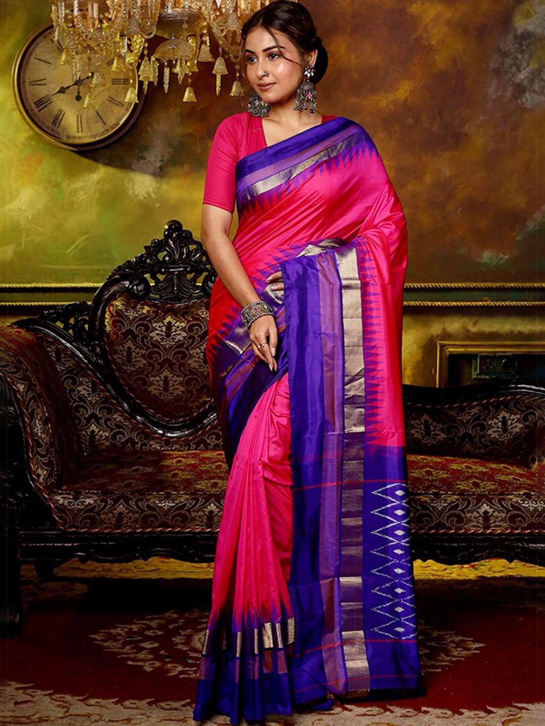 

AllSilks Geometric Woven Design Zari Saree, Pink