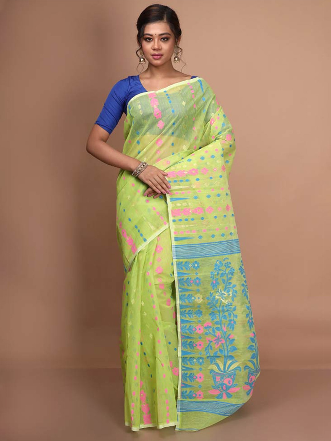 

AllSilks Floral Woven Design Taant Saree, Green