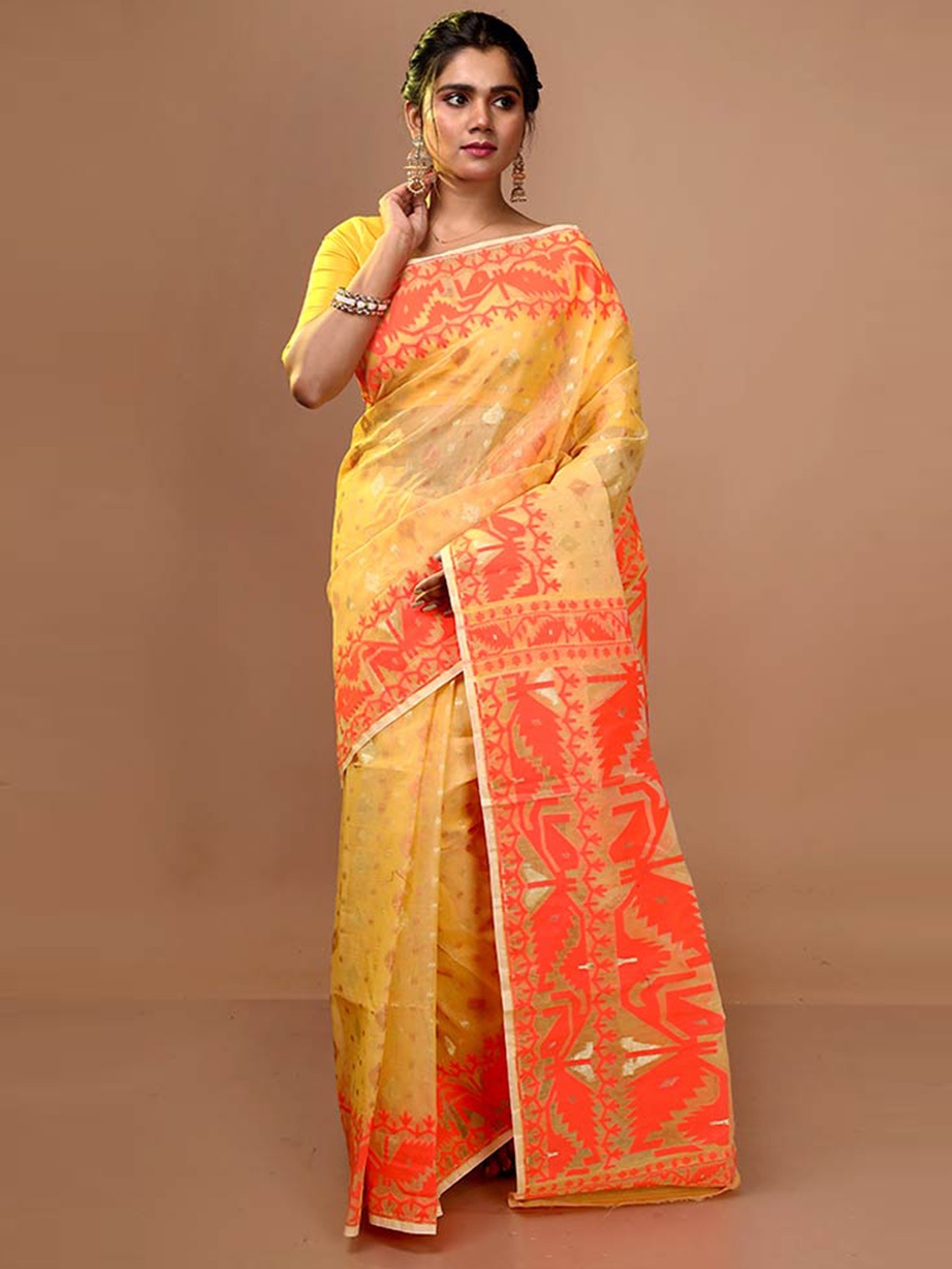 

AllSilks Ethnic Motif Woven Design Taant Saree, Yellow