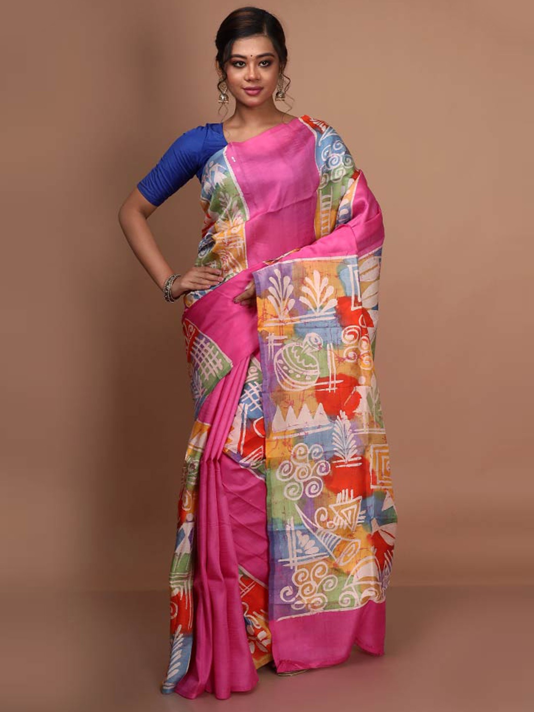 

AllSilks Pure Silk Block Print Saree, Pink