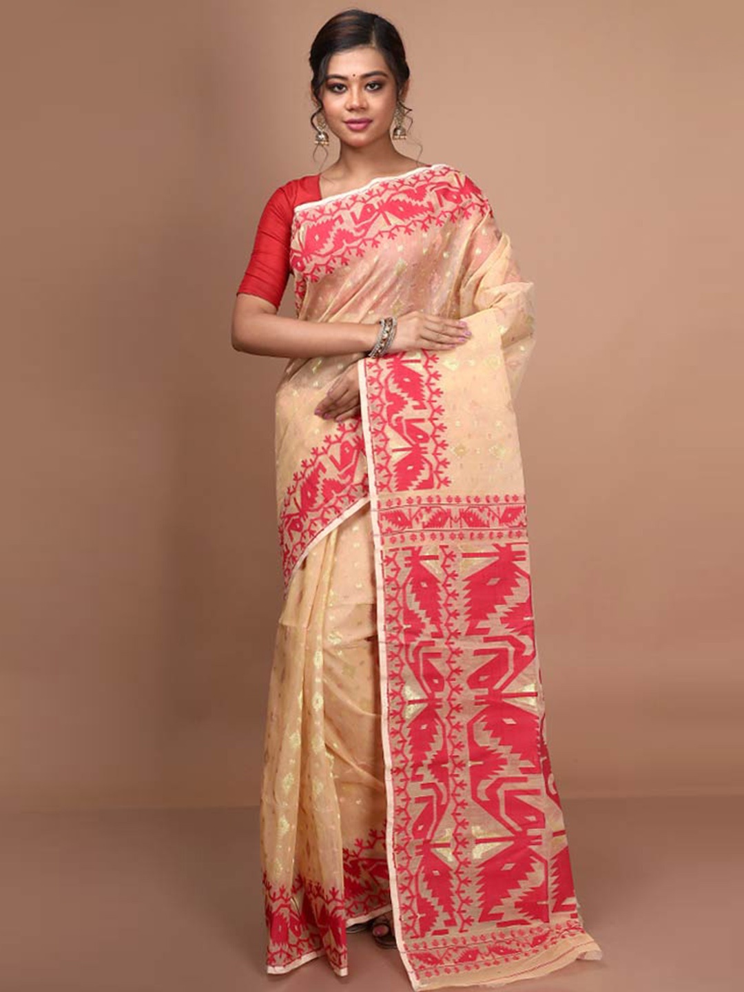 

AllSilks Ethnic Motif Cotton Blend Taant Zari Saree, Cream