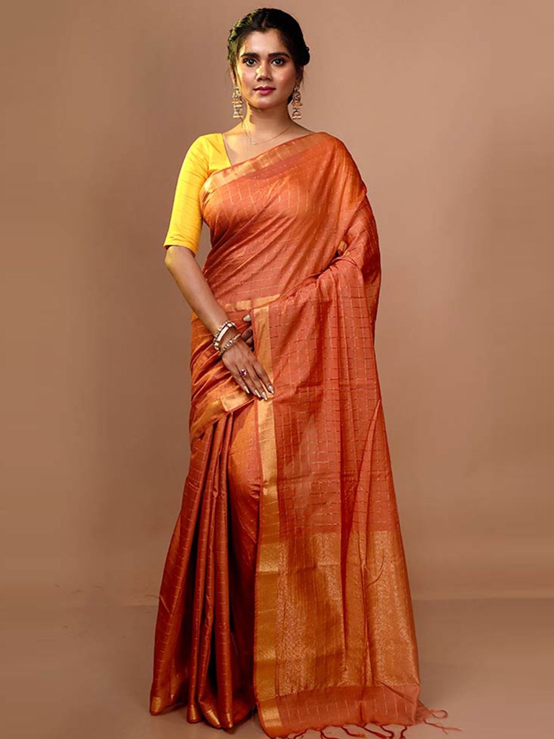 

AllSilks Checked Zari Pure Silk Tussar Saree With Blouse Piece, Rust