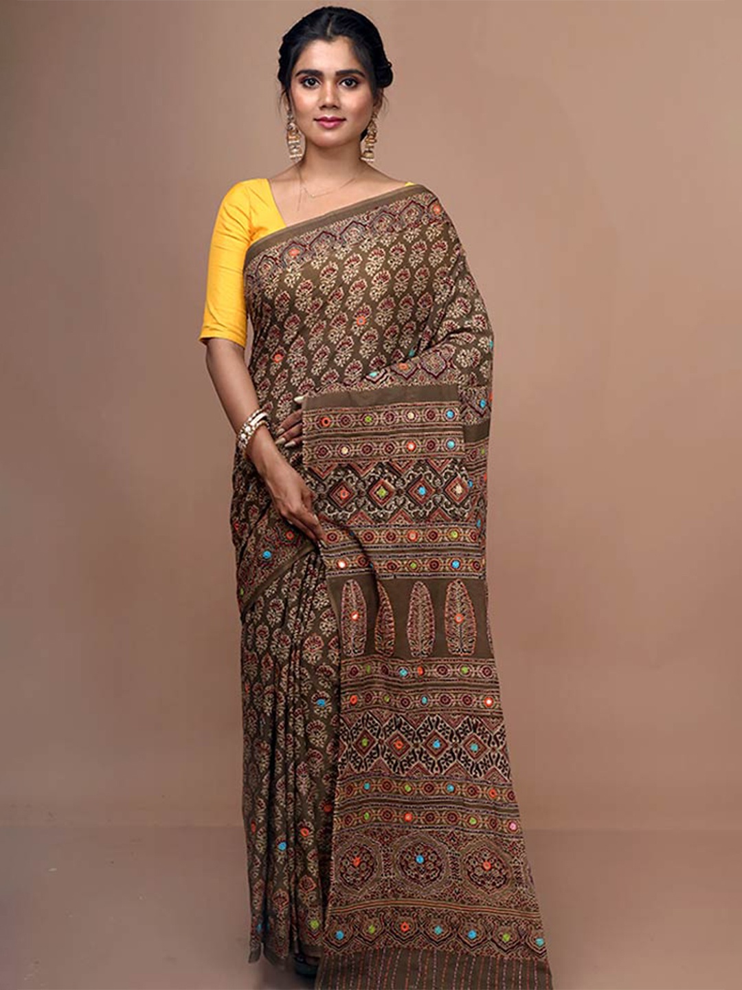 

AllSilks Ethnic Motifs Printed Mirror Work Saree, Brown