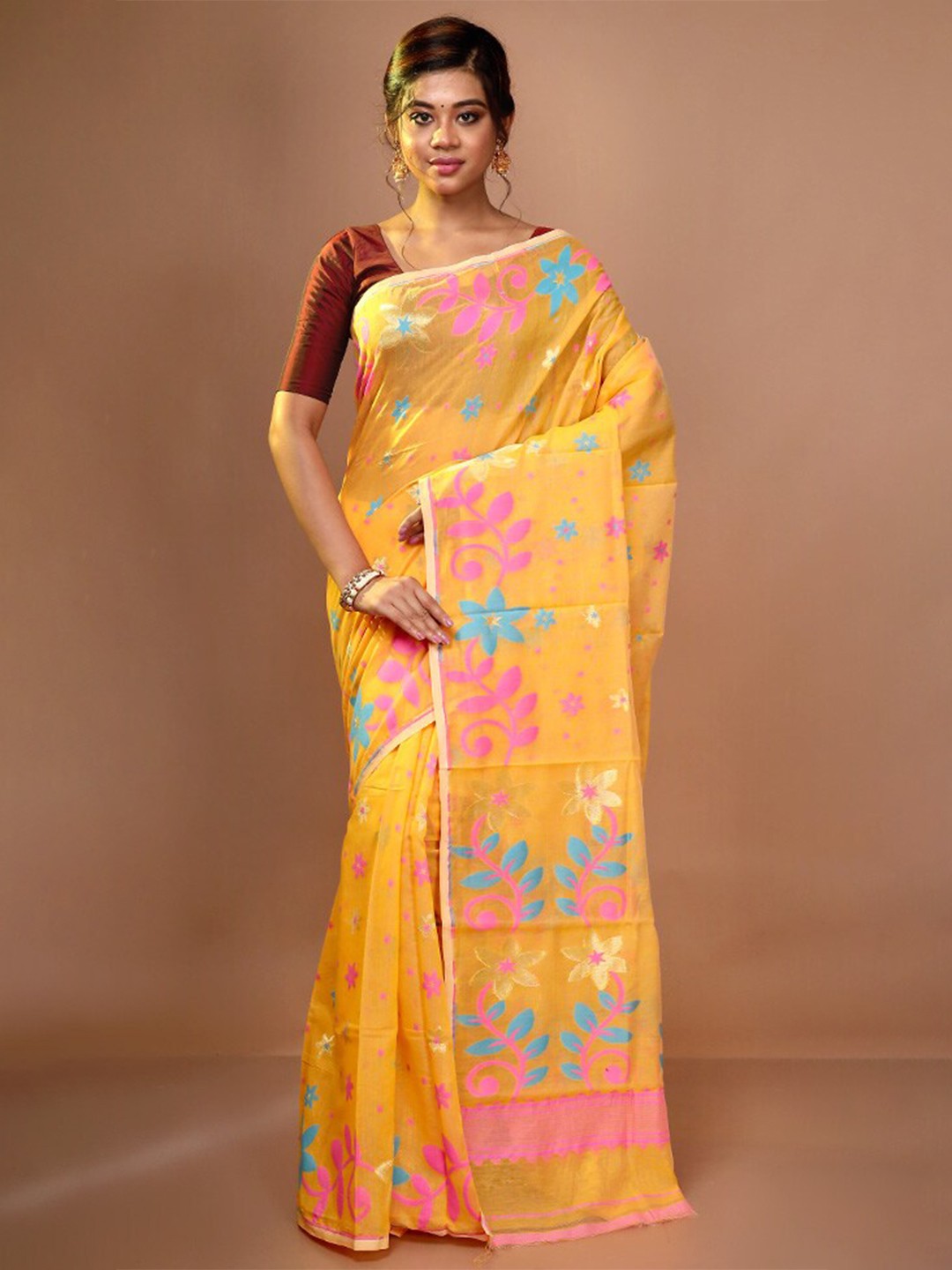 

AllSilks Floral Woven Design Taant Saree, Yellow