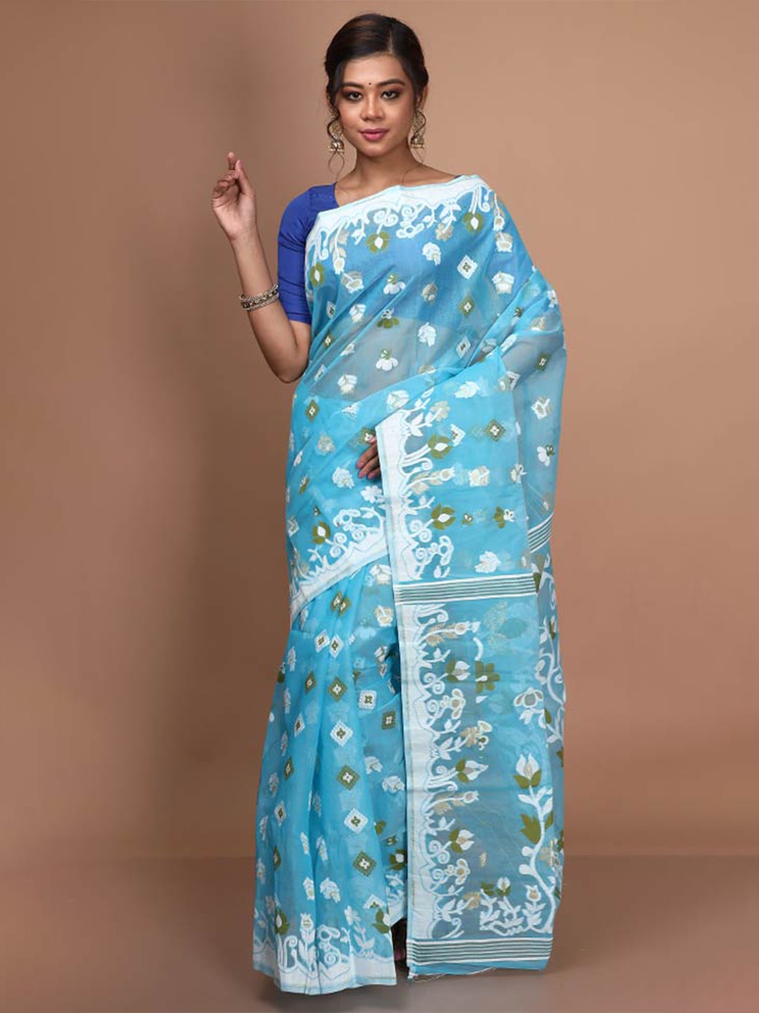 

AllSilks Floral Woven Design Taant Saree, Blue