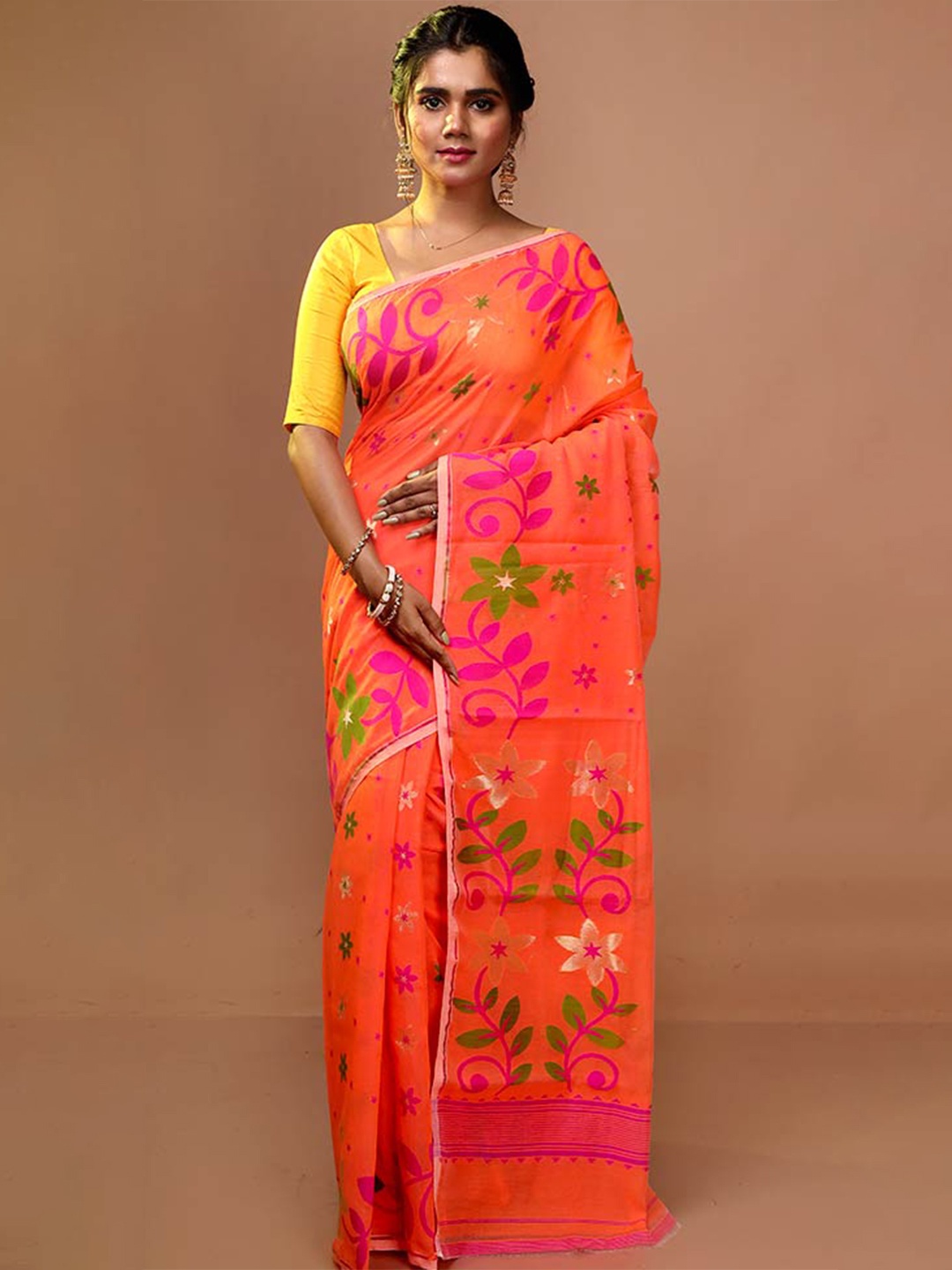 

AllSilks Floral Printed Taant Saree, Orange