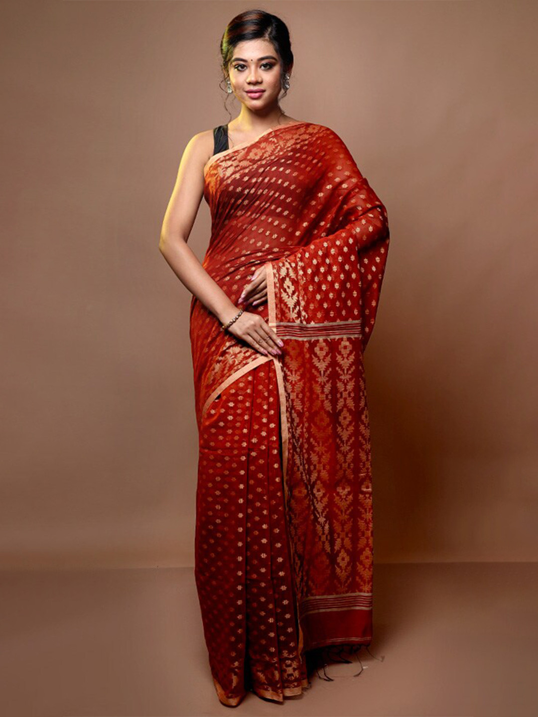 

AllSilks Woven Design Zari Jamdani Saree, Rust