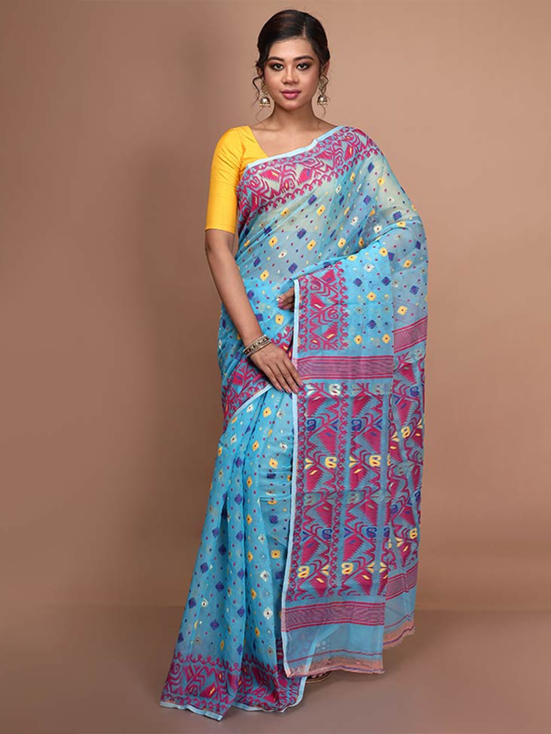 

AllSilks Ethnic Motif Cotton Blend Taant Saree, Blue