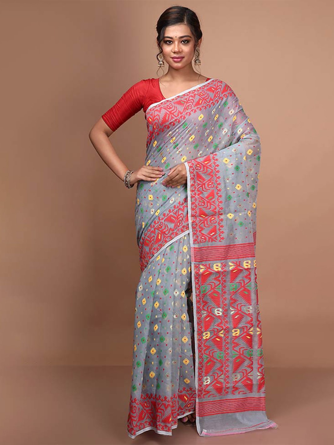 

AllSilks Floral Woven Design Taant Saree, Grey
