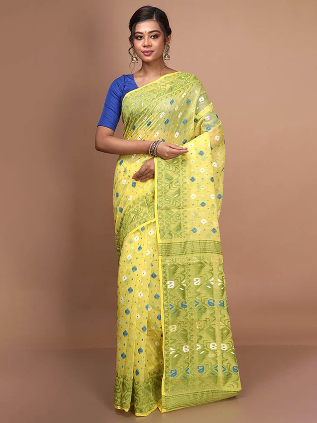 

AllSilks Foral Woven Design Taant Saree, Yellow