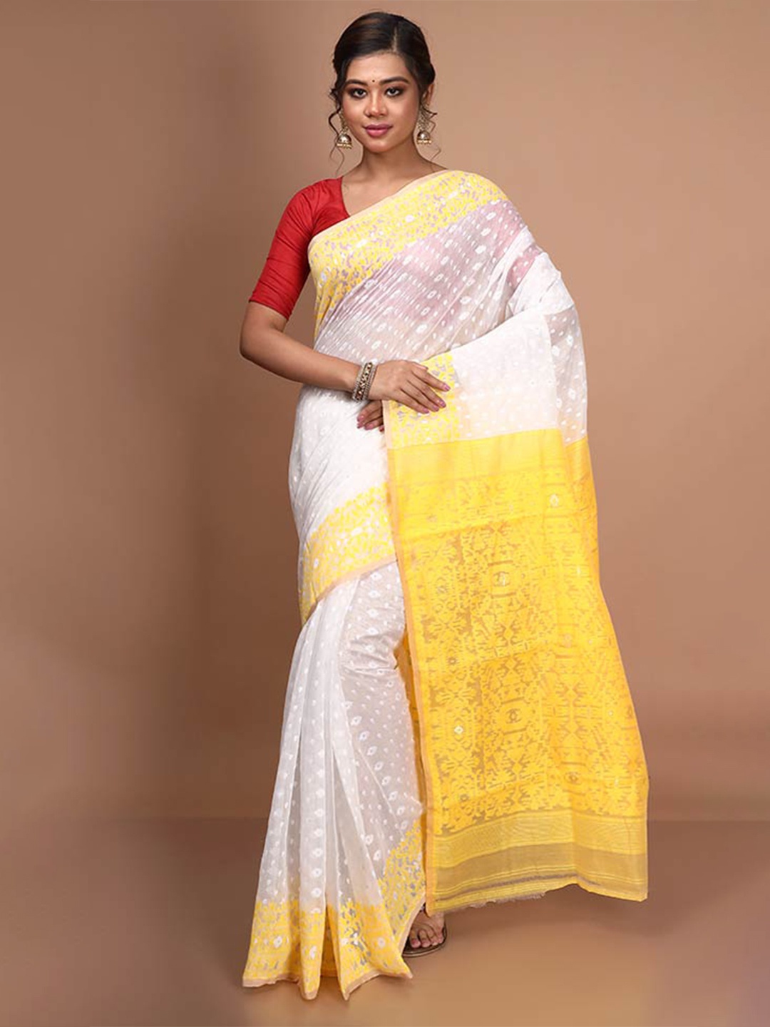 

AllSilks Floral Woven Design Taant Saree, White