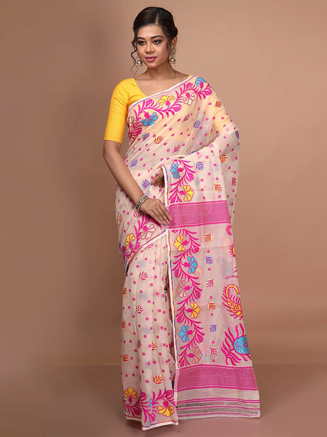 

AllSilks Floral Woven Design Taant Saree, White