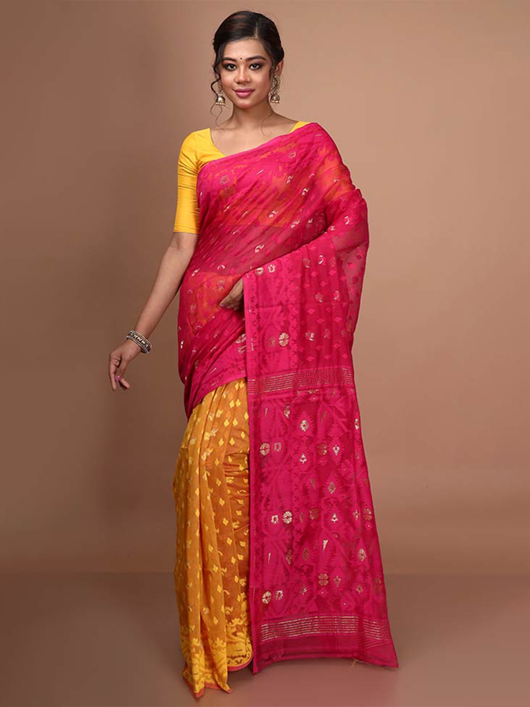 

AllSilks Woven Design Half and Half Taant Saree, Pink