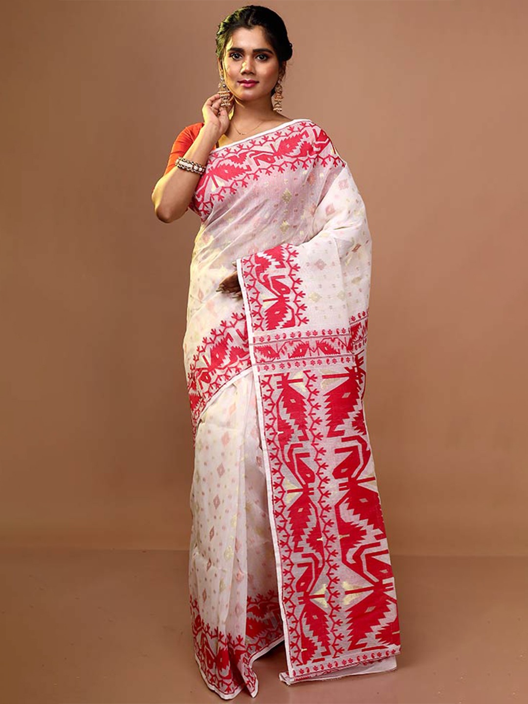 

AllSilks Ethnic Motif Cotton Blend Taant Zari Saree, White