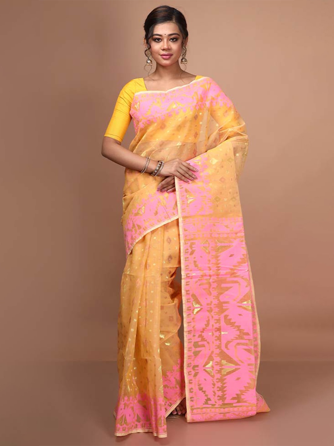 

AllSilks Ethnic Motifs Woven Design Taant Saree, Cream