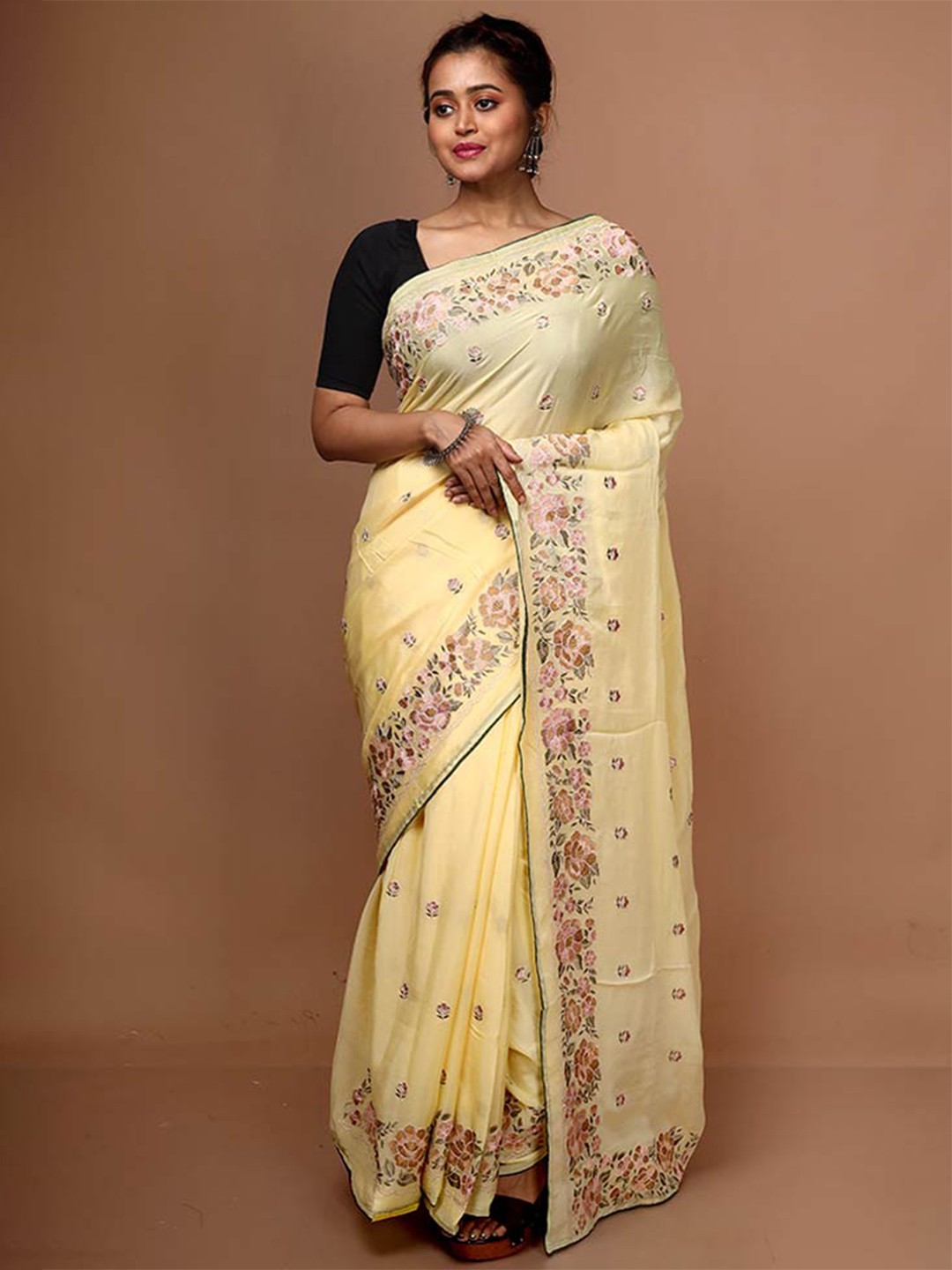 

AllSilks Floral Embroidered Saree, Yellow