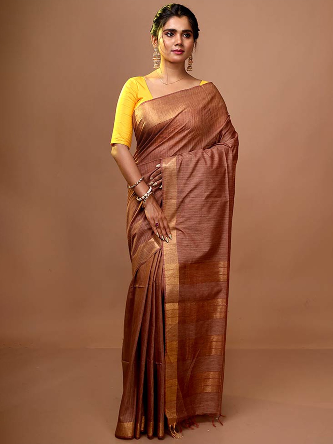 

AllSilks Zari Detailed Pure Silk Tussar Saree, Brown