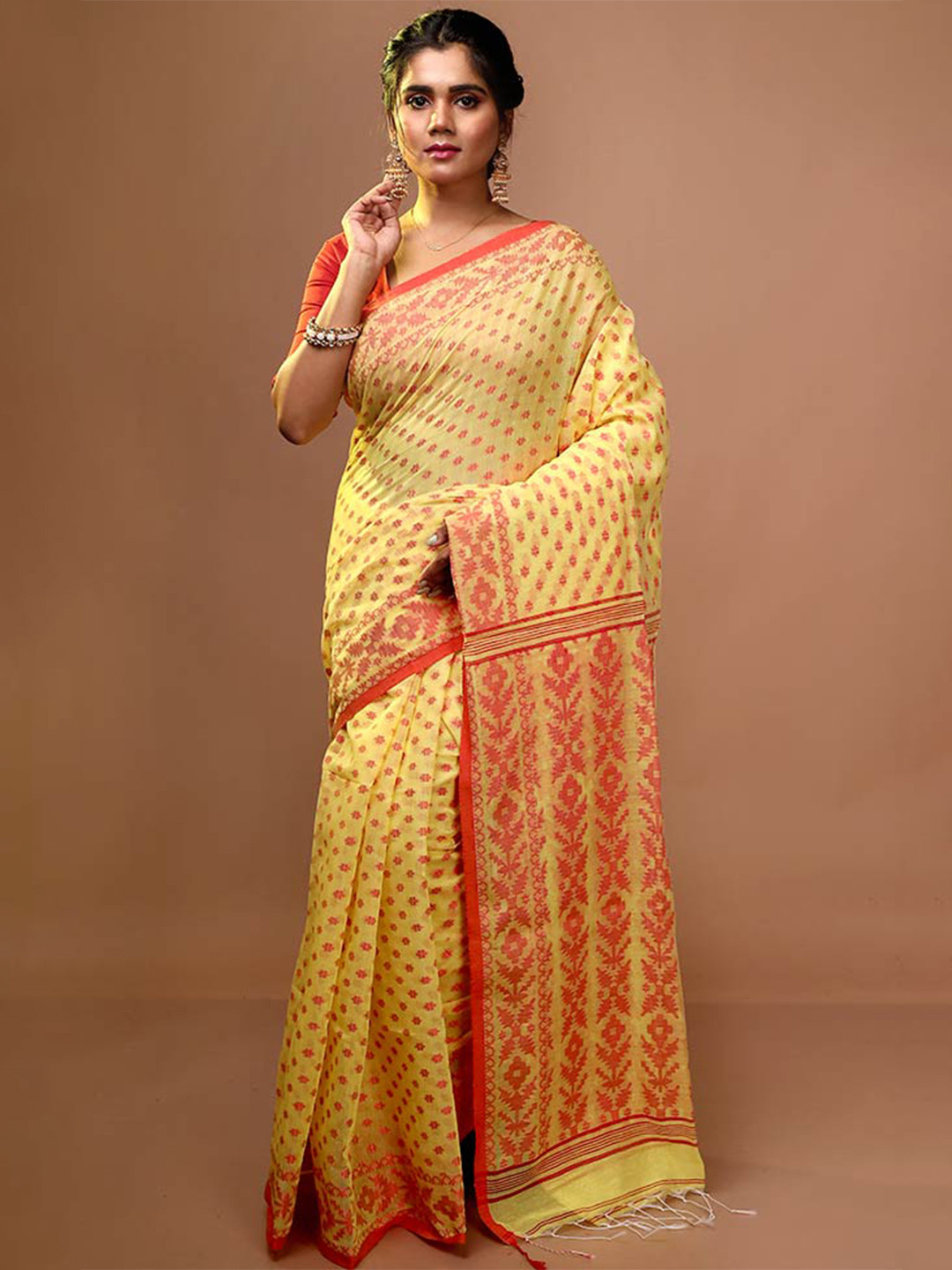 

AllSilks Floral Woven Design Jamdani Saree, Yellow