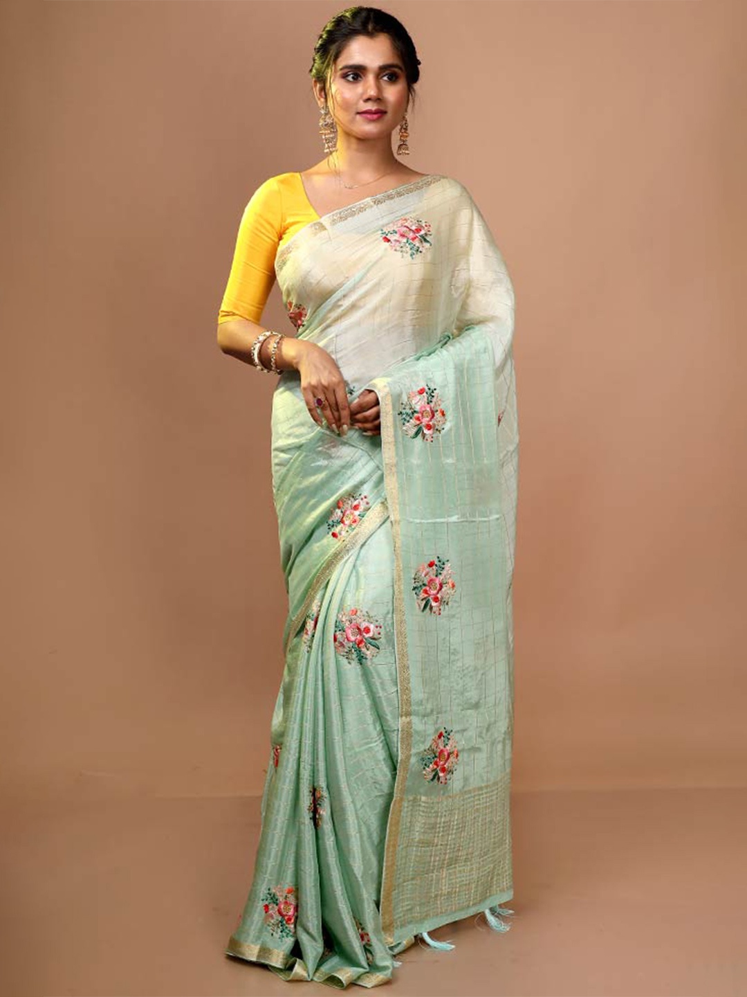 

AllSilks Floral Embroidered Art Silk Zari Saree With Tassle, Green