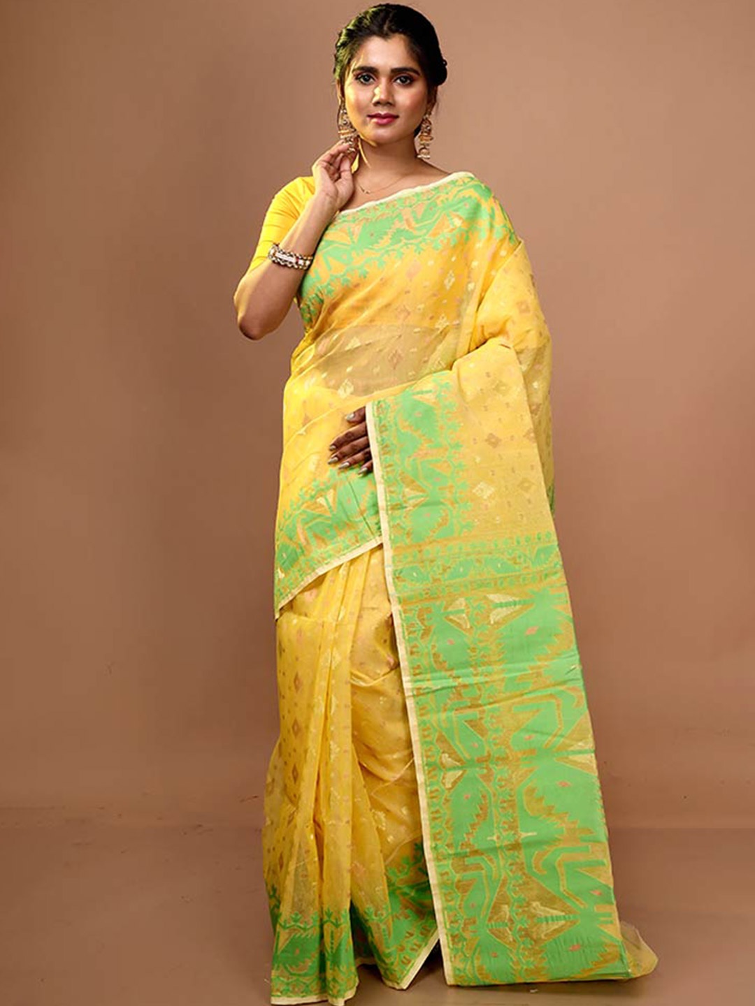 

AllSilks Ethnic Woven Design Taant Saree, Yellow