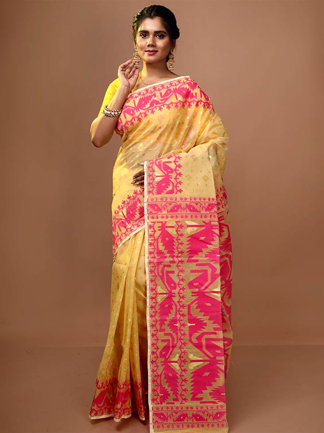 

AllSilks Ethnic Motif Cotton Blend Taant Zari Saree, Cream