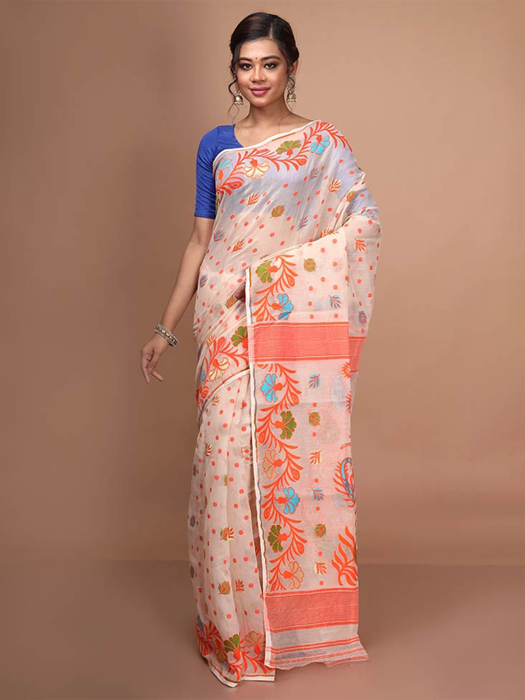 

AllSilks Floral Woven Design Taant Saree, White