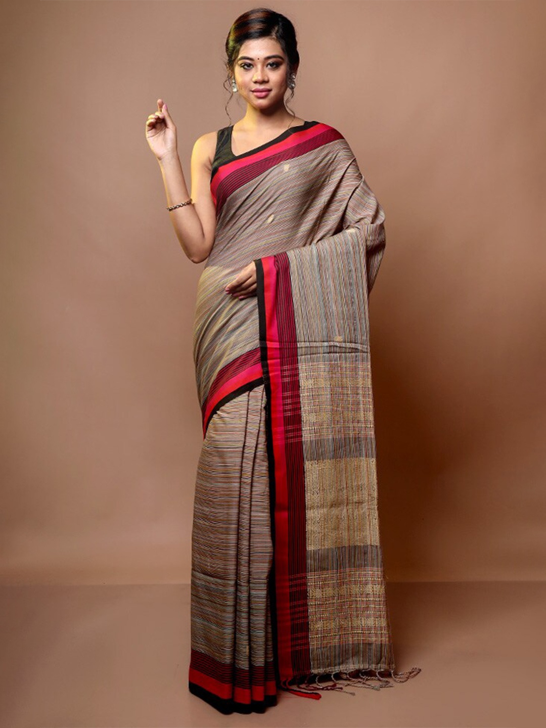 

AllSilks Striped Cotton Blend Saree, Grey