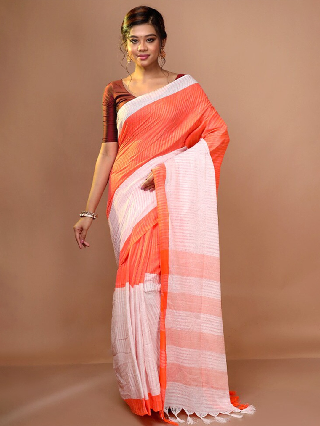 

AllSilks Striped Cotton Blend Saree, Orange