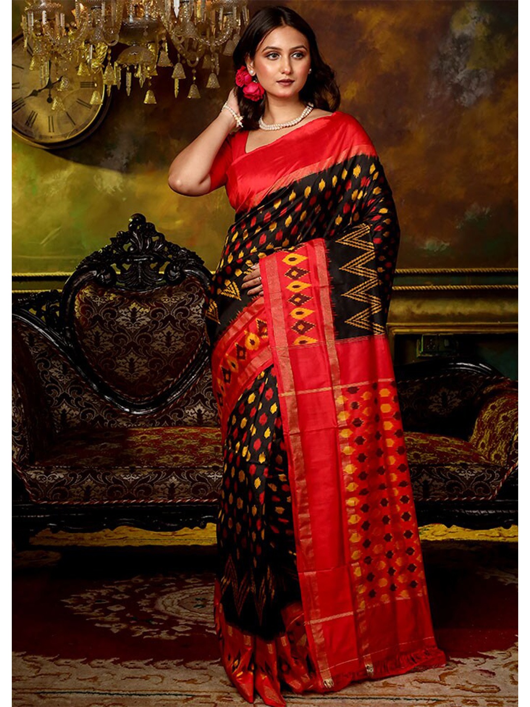 

AllSilks Printed Zari Pure Silk Ikat Saree, Black