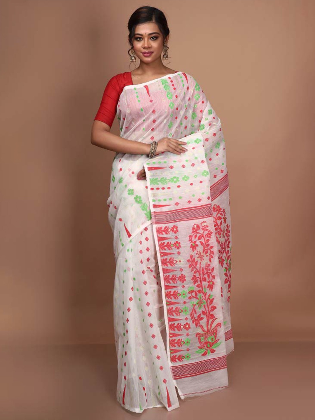 

AllSilks Floral Woven Design Taant Saree, White