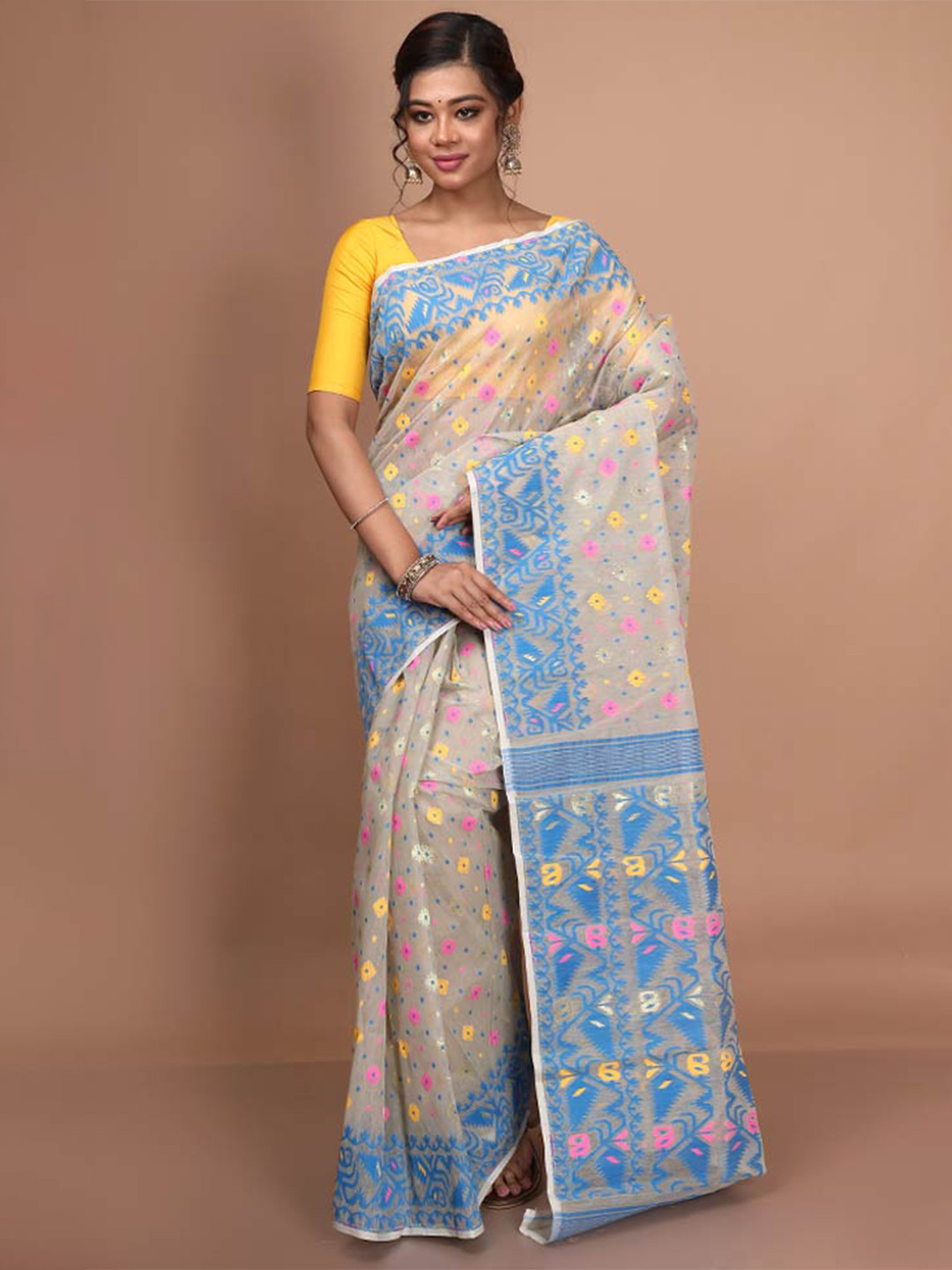 

AllSilks Floral Woven Design Taant Saree, Cream