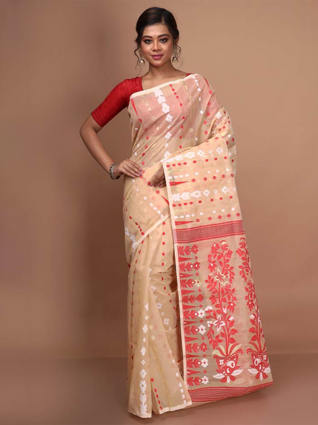 

AllSilks Woven Design Taant Saree, Cream