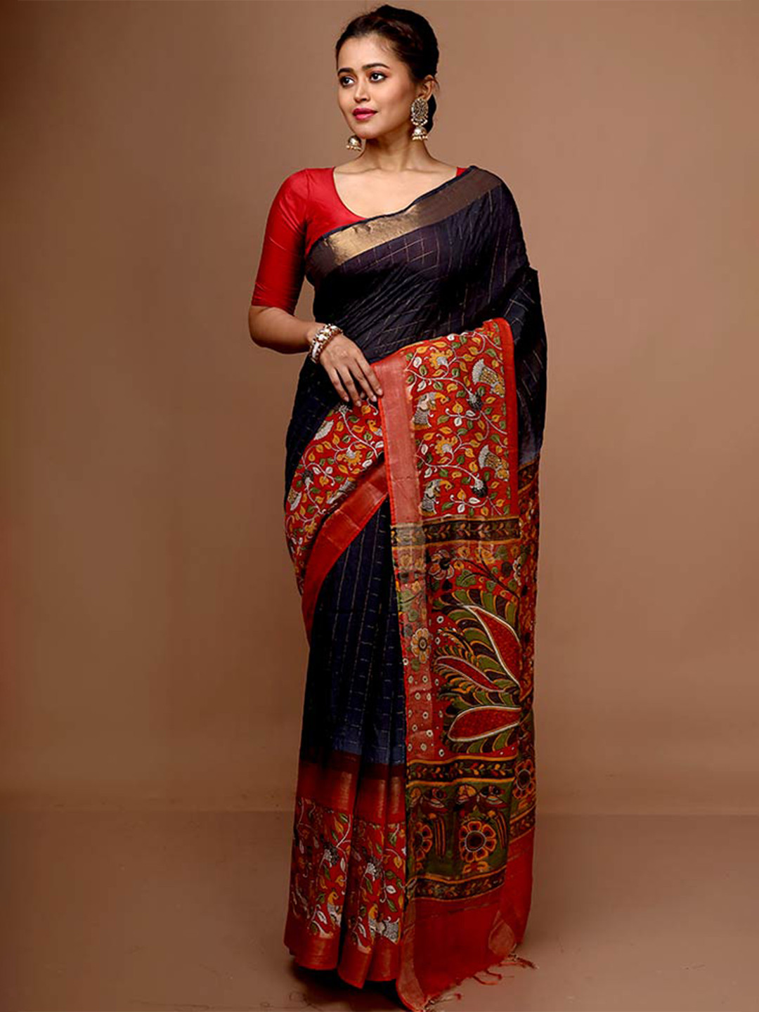 

AllSilks Checked Zari Pure Silk Tussar Saree, Blue