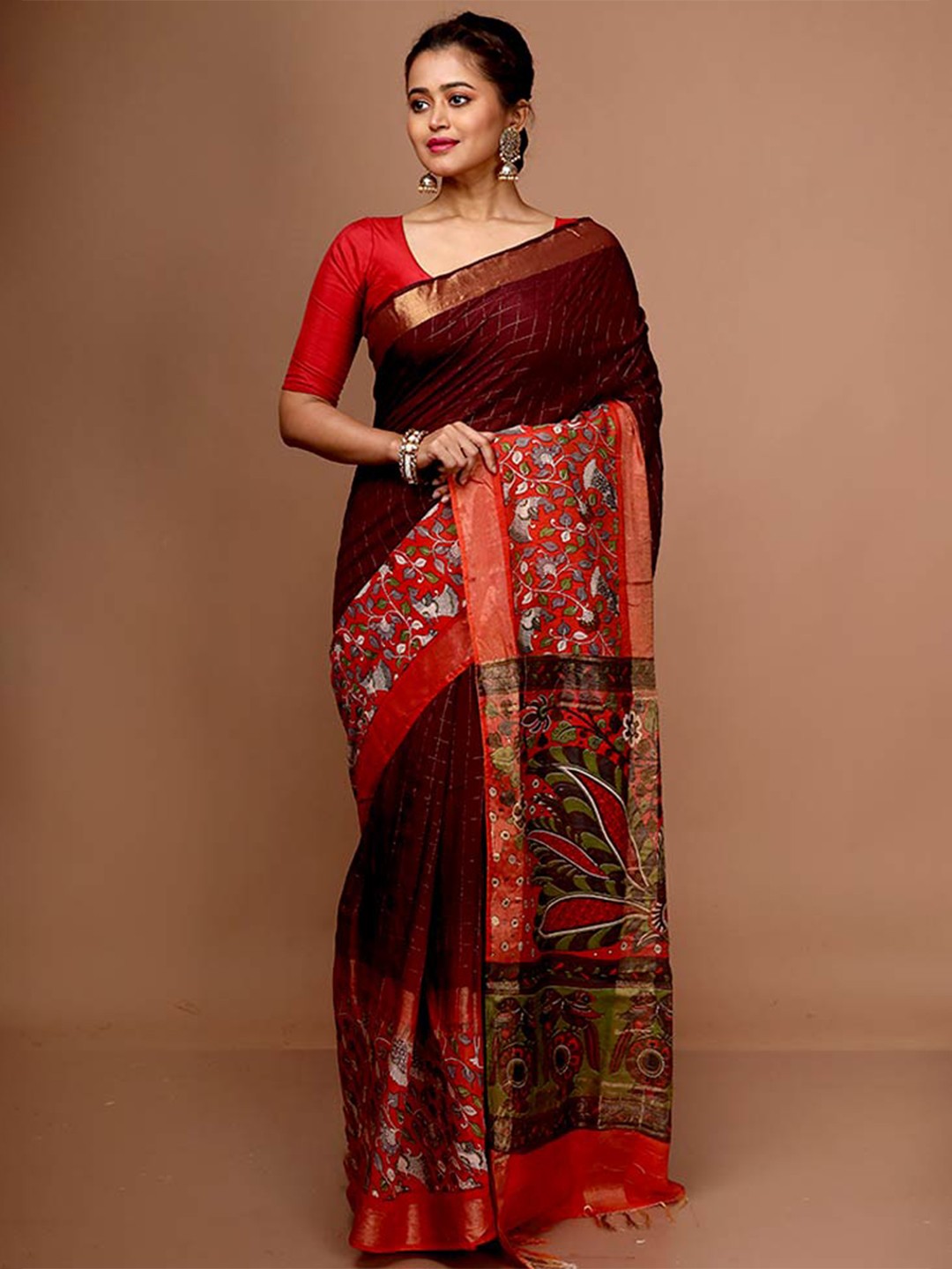 

AllSilks Checked Pure Silk Tussar Zari Saree With Blouse Piece, Maroon