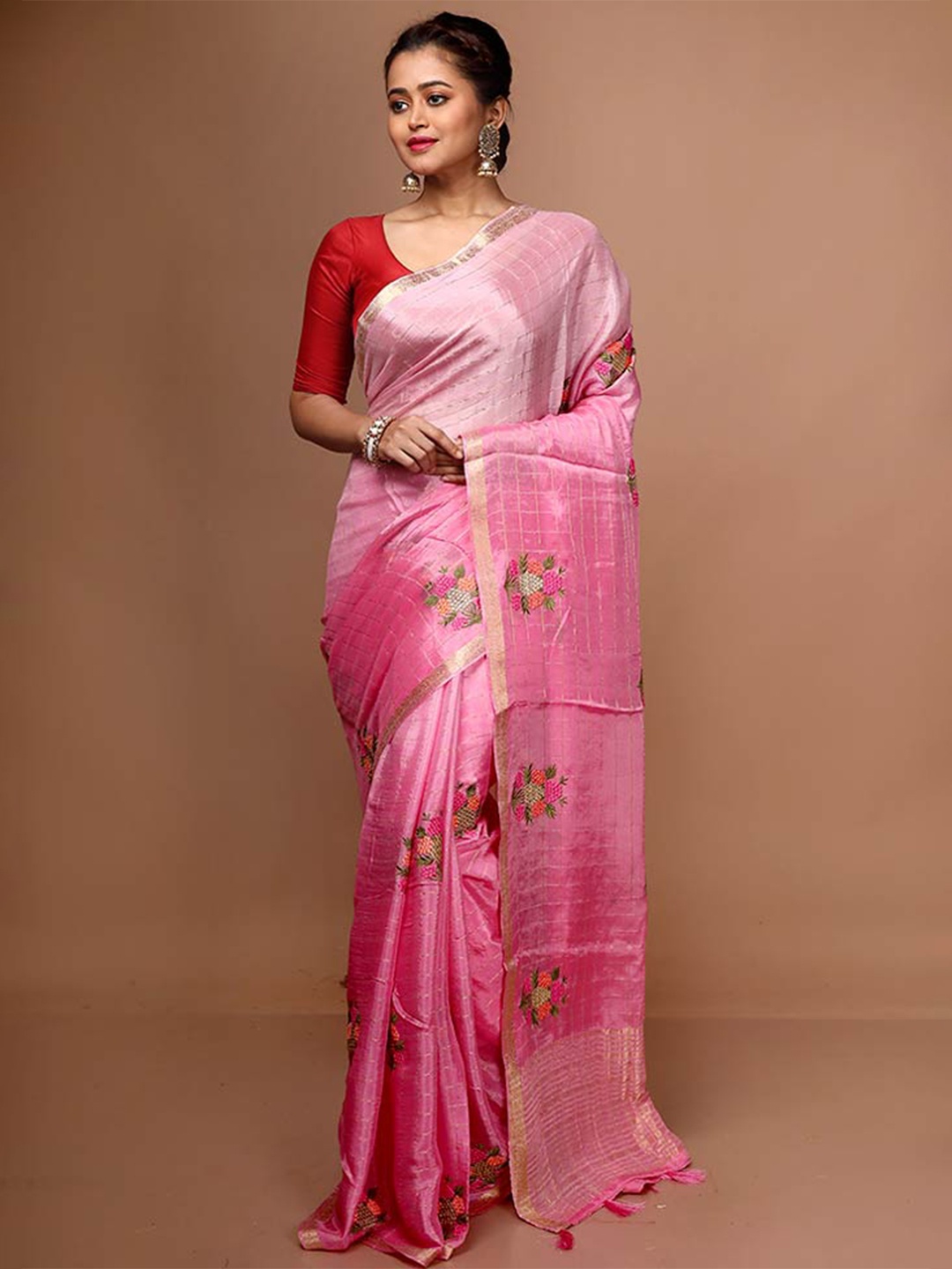 

AllSilks Floral Embroidered Saree, Pink