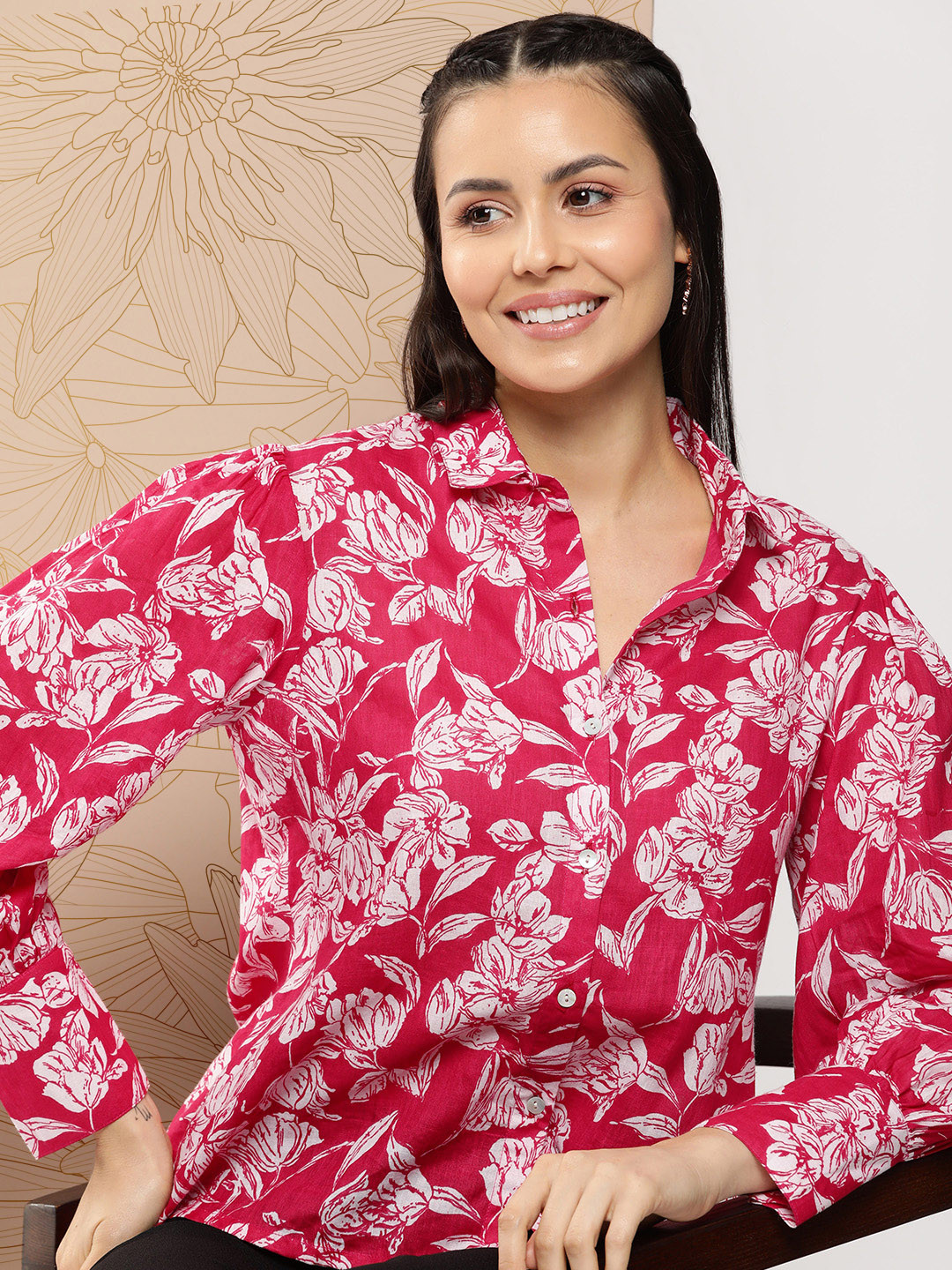 

Bhama Couture Floral Print Cotton Top, Fuchsia
