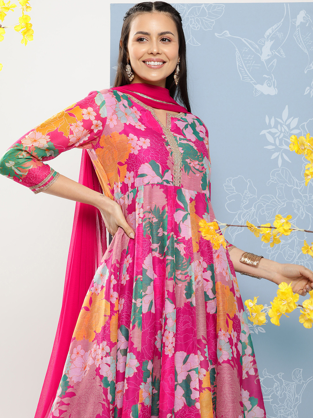 

Bhama Couture Floral Printed Regular Zardozi Kurta with Palazzos & With Dupatta, Pink