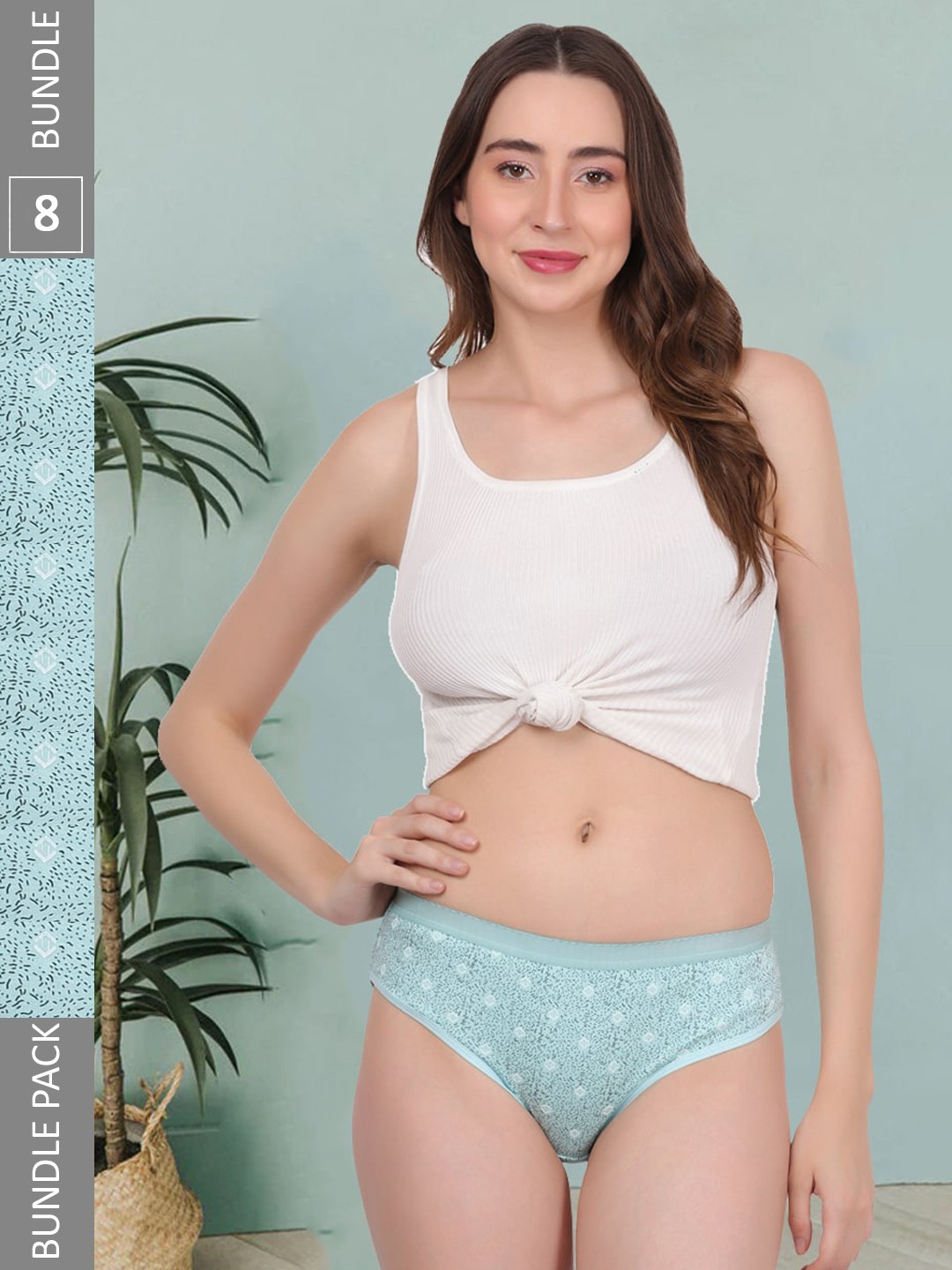 

Fleurt Women Pack of 8 Printed Cotton Hipster Briefs, Sea green