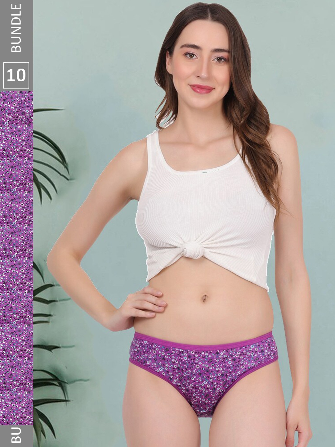

Fleurt Women Pack Of 10 Floral Printed Cotton Hipster Briefs, Purple