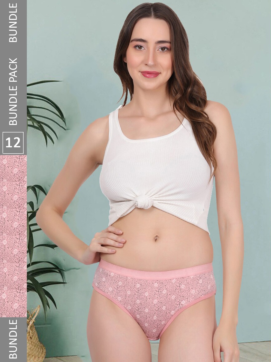 

Fleurt Women Pack Of 12 Printed Cotton Hipster Briefs, Pink