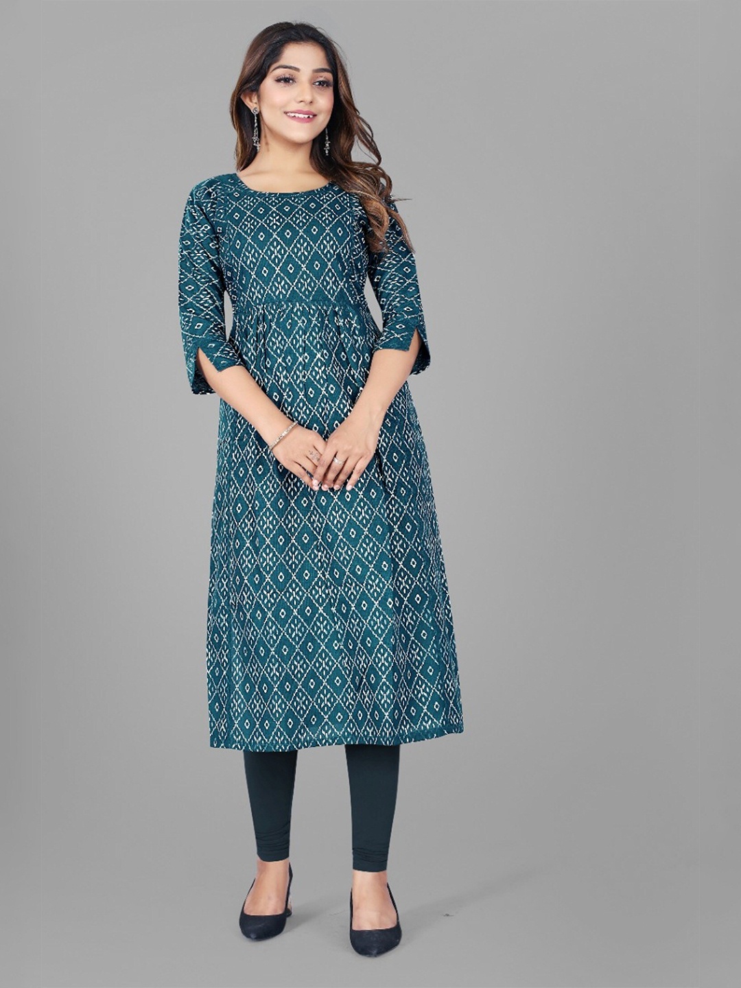 

APNISHA Geometric Printed Cotton Kurta, Teal