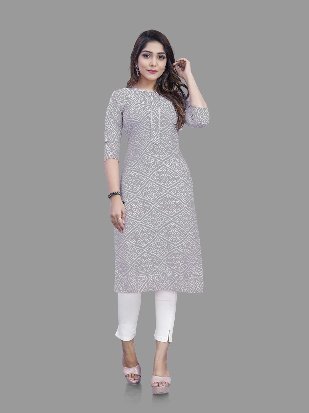 

APNISHA Bandhani Printed Cotton Kurta, Grey
