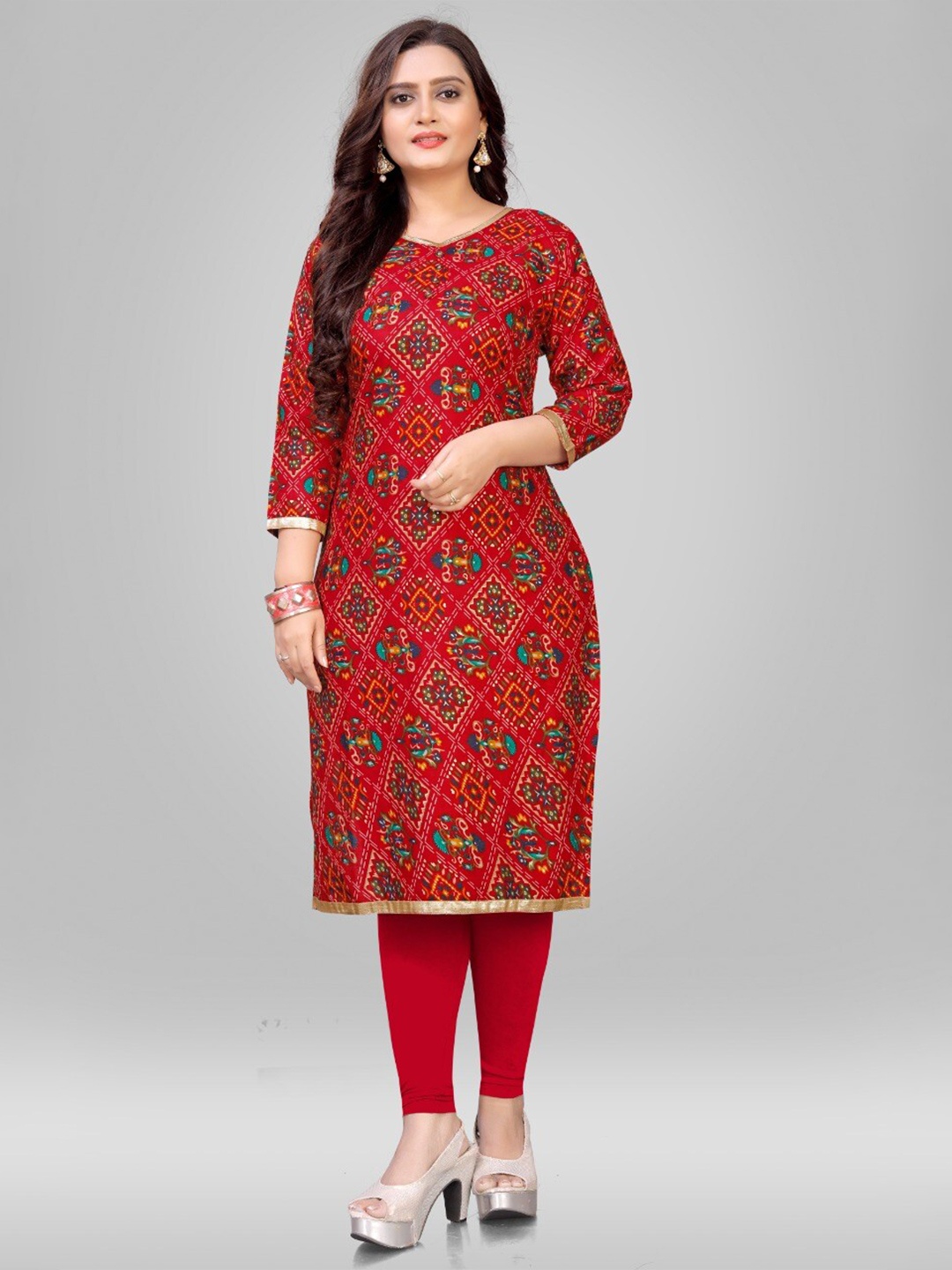 

APNISHA Ethnic Motifs Foil Printed Straight Kurta, Red