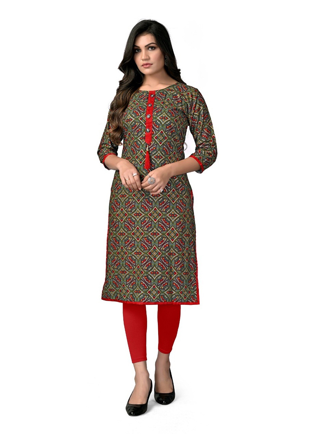 

APNISHA Ethnic Motifs Printed Straight Kurta, Green