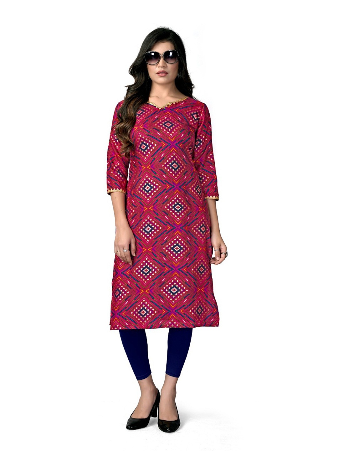 

APNISHA Bandhani Foil Printed Straight Kurta, Pink