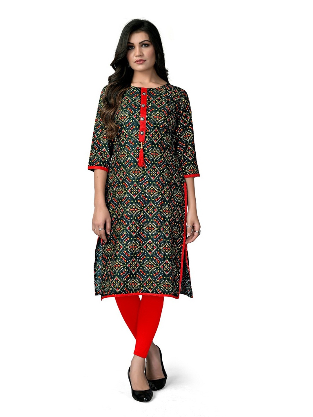 

APNISHA Geometric Foil Printed Kurta, Green