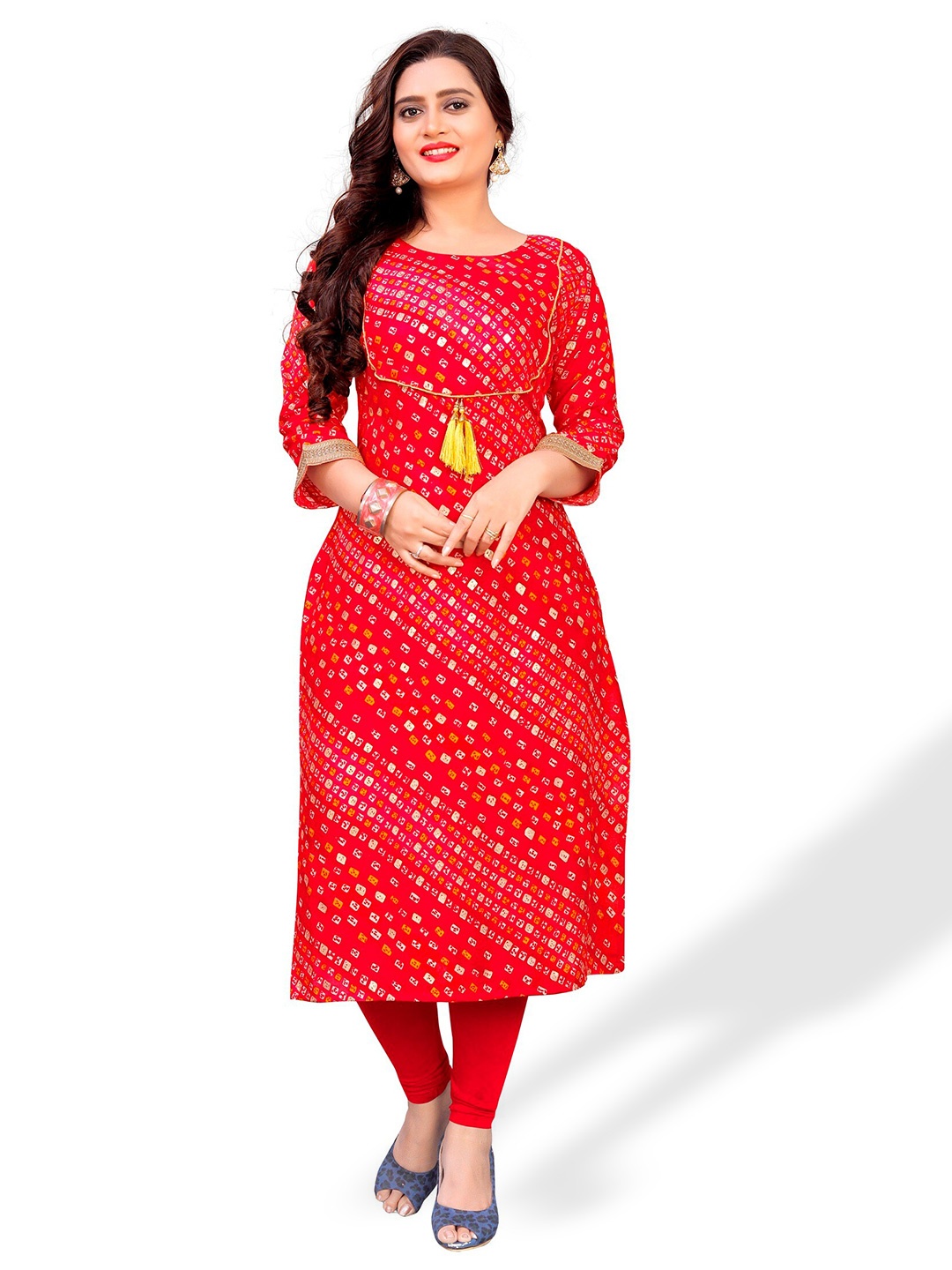 

APNISHA Bandhani Printed Straight Kurta, Red