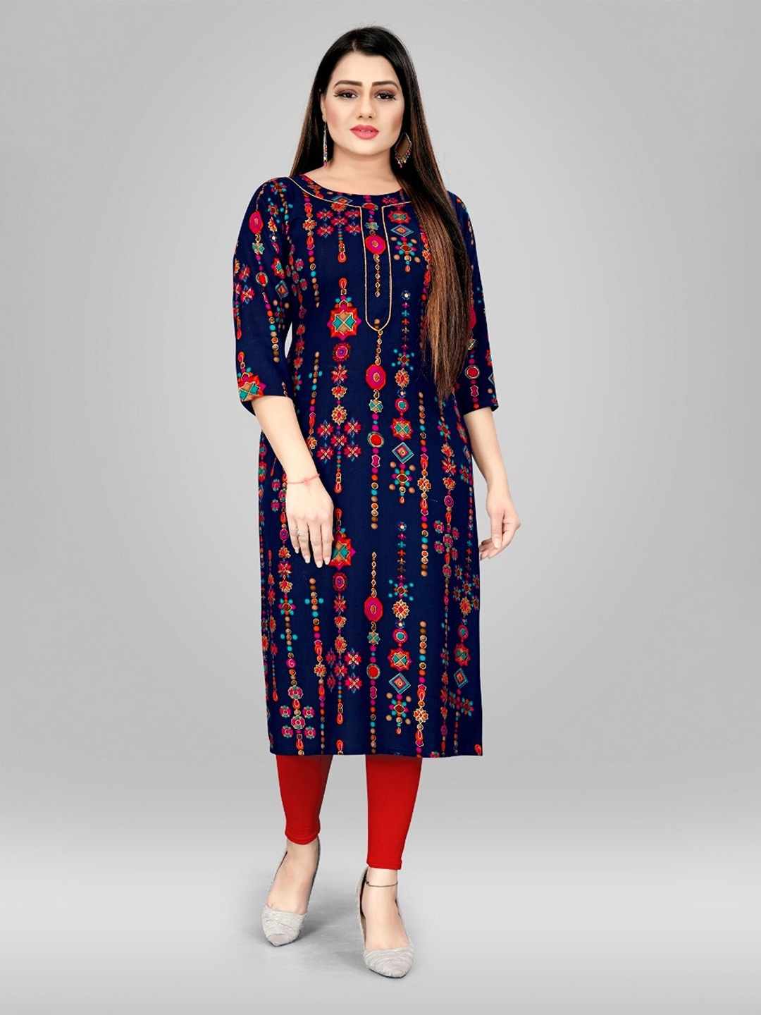 

APNISHA Ethnic Motifs Foil Printed Kurta, Navy blue