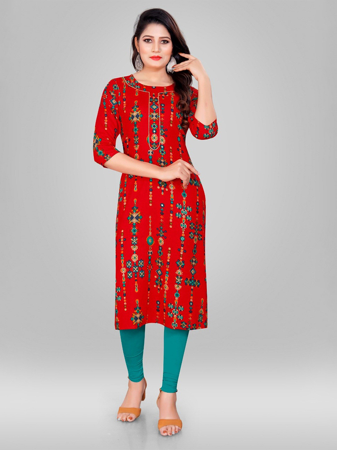 

APNISHA Ethnic Motifs Printed Straight Kurta, Red